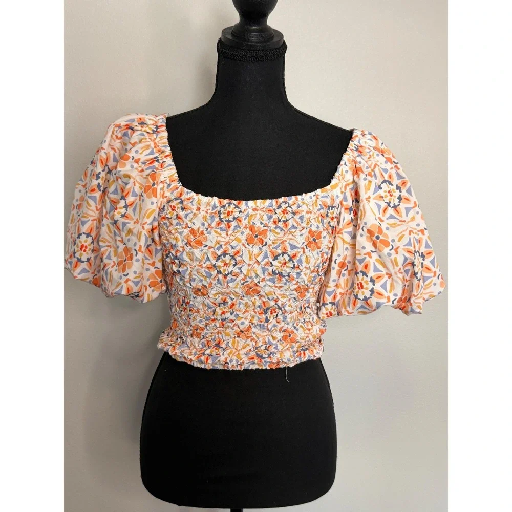 Dolan Women's Off the Shoulder Smocked Textured Puff Sleeve Blouse Sz XXS